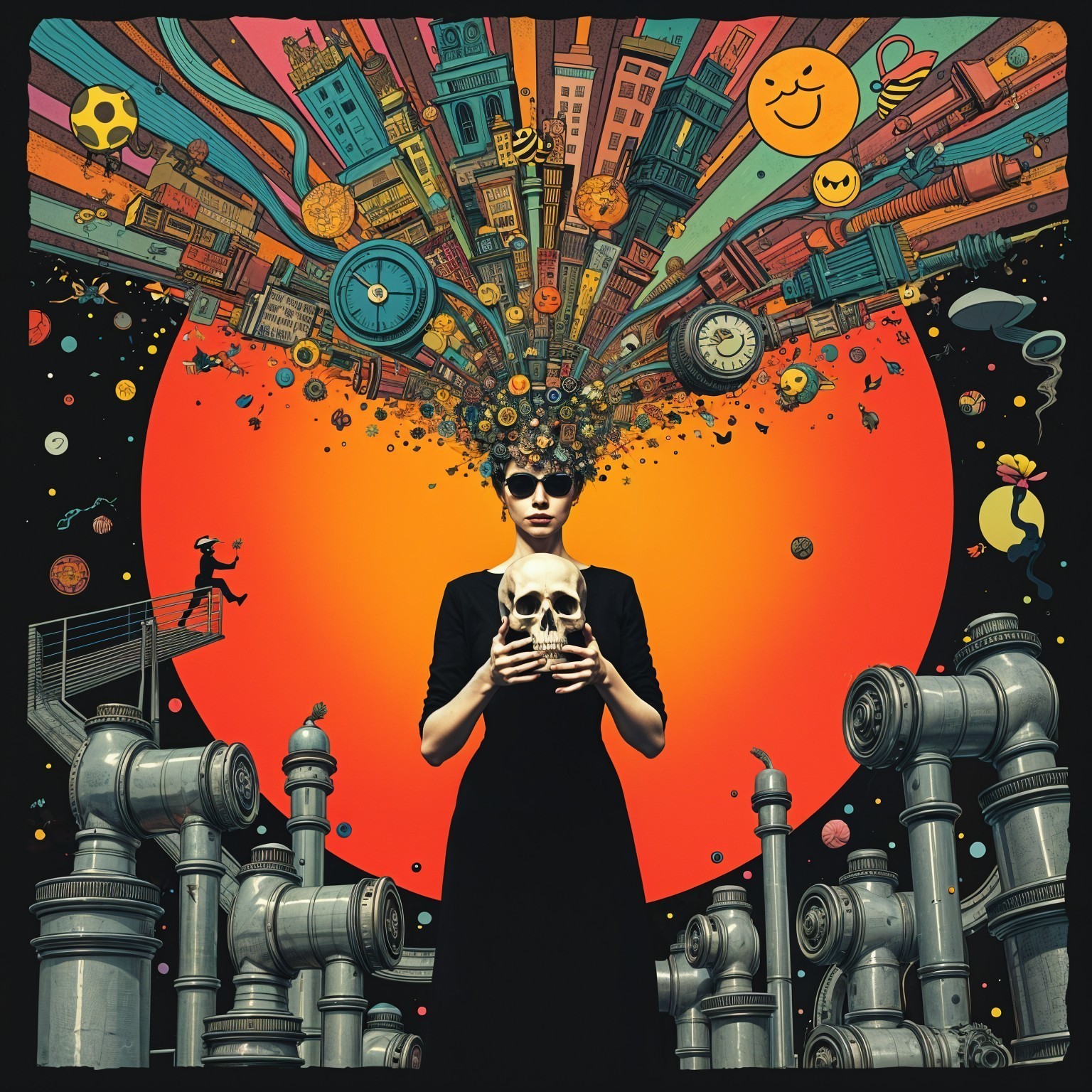 Surreal Figure with Skull Against Vibrant Orange Background