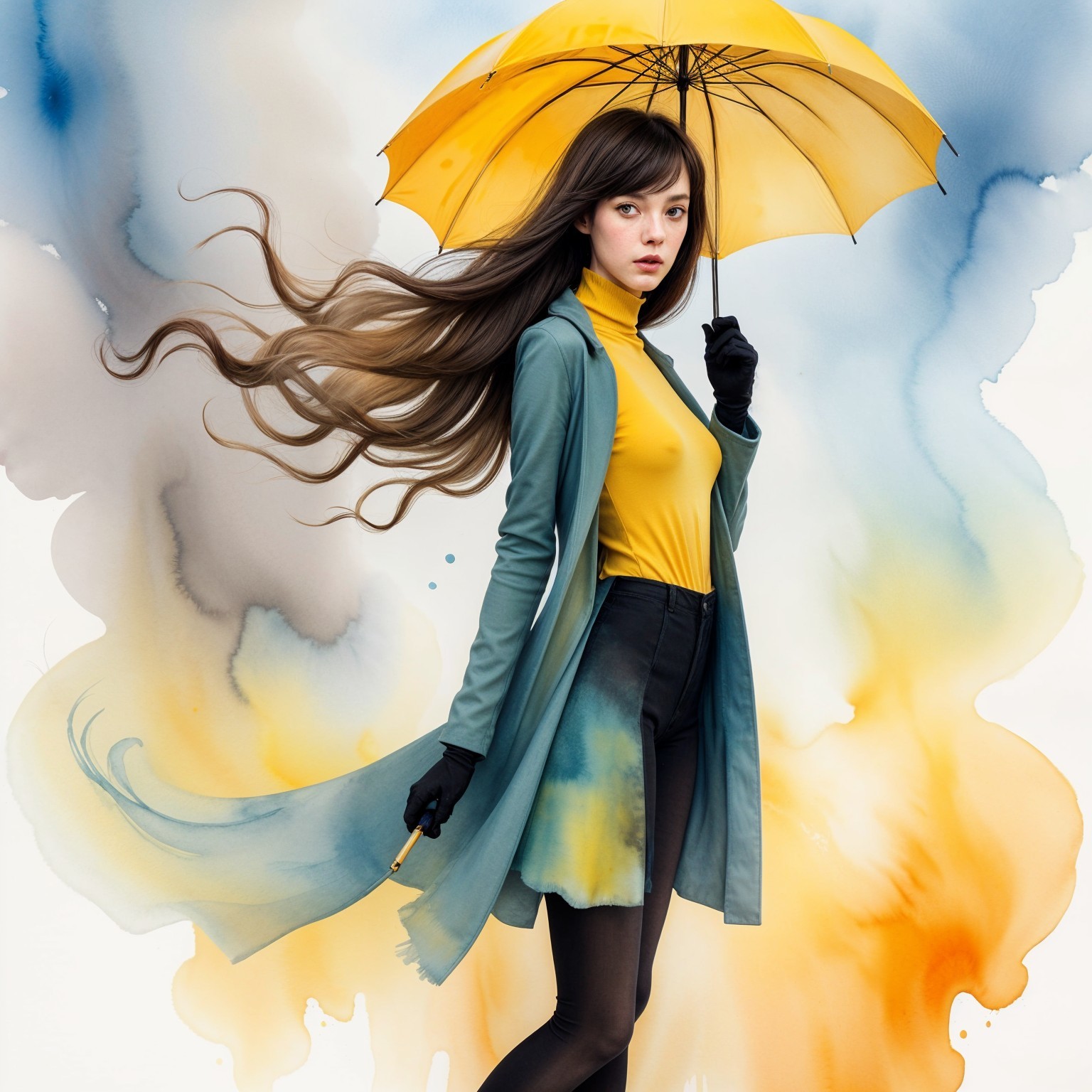 Stylish Woman with Yellow Umbrella in Watercolor Scene