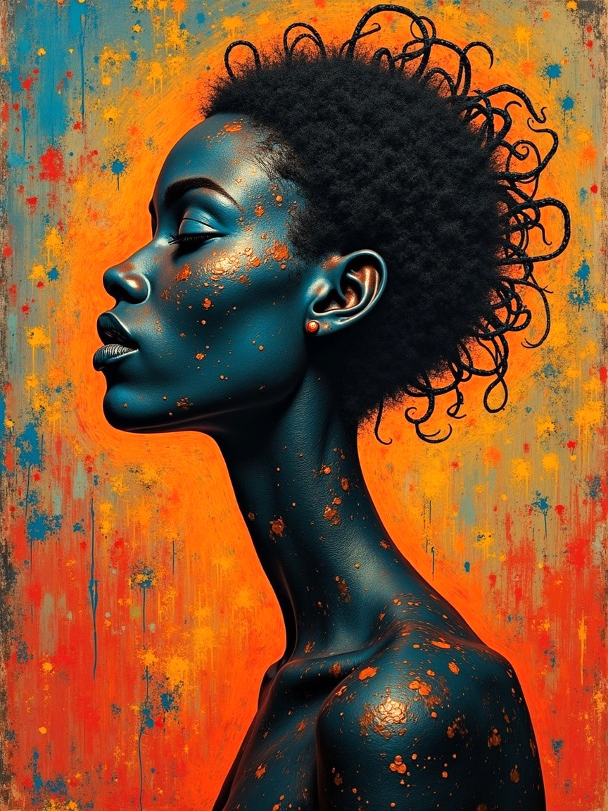 Profile of a person with curly hair in vibrant colors