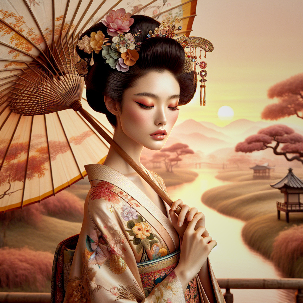 Woman in Traditional Japanese Attire with Parasol
