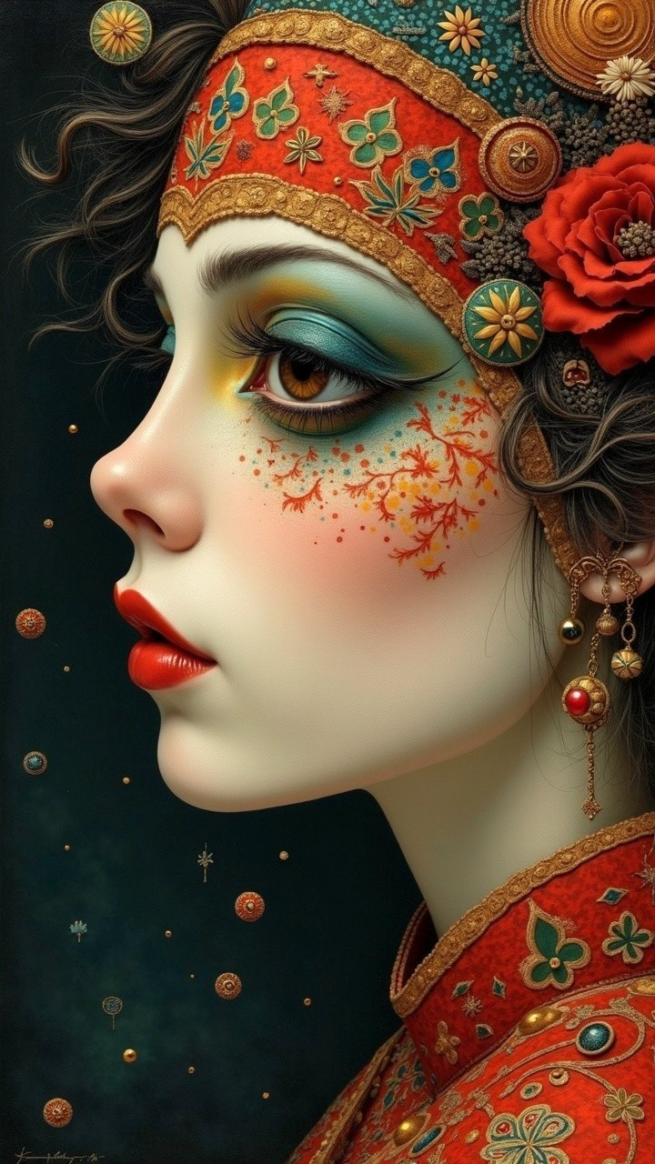 Woman in Traditional Outfit with Bold Makeup and Jewelry