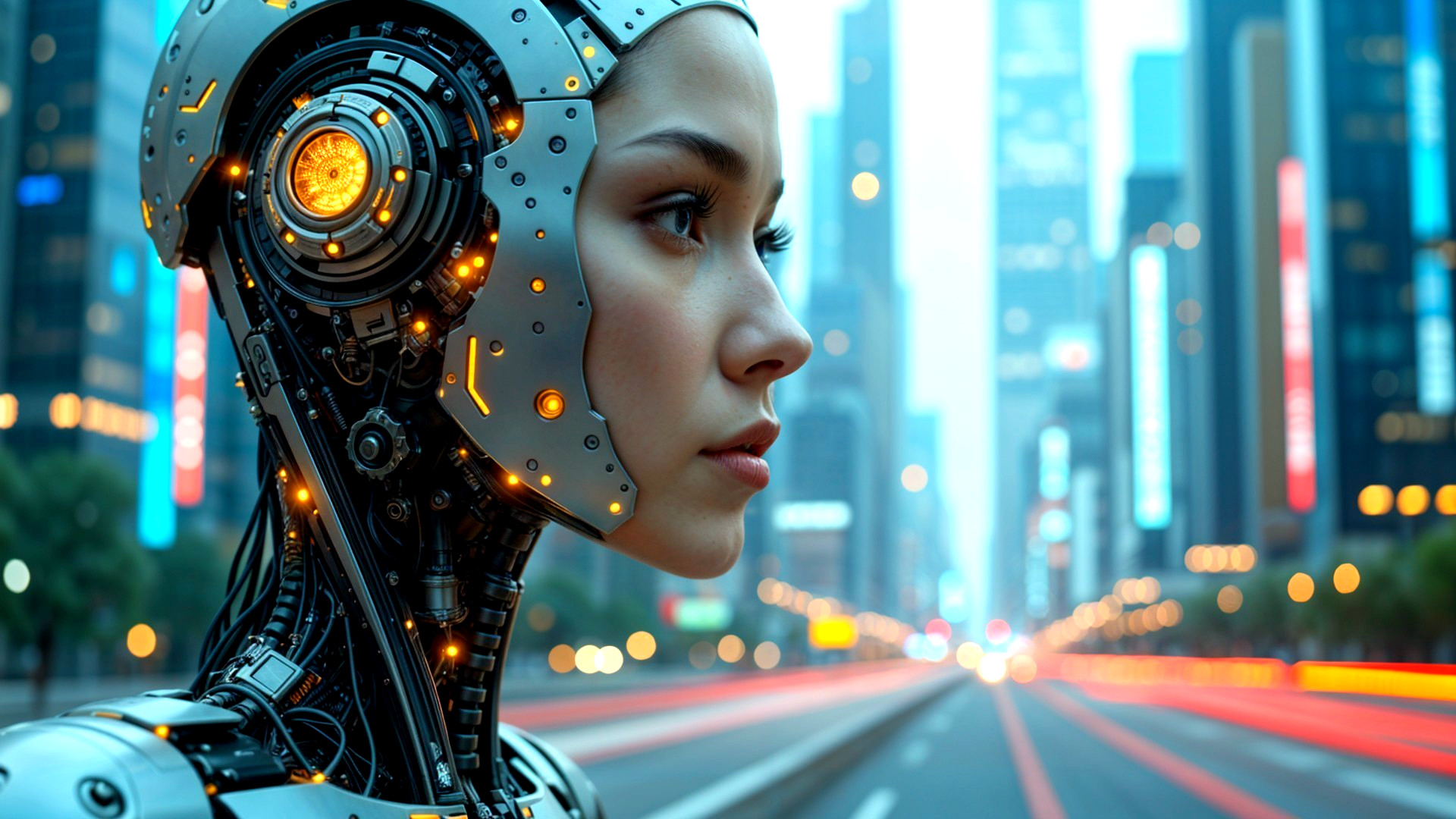 Futuristic Cityscape with Humanoid Robot Close-Up