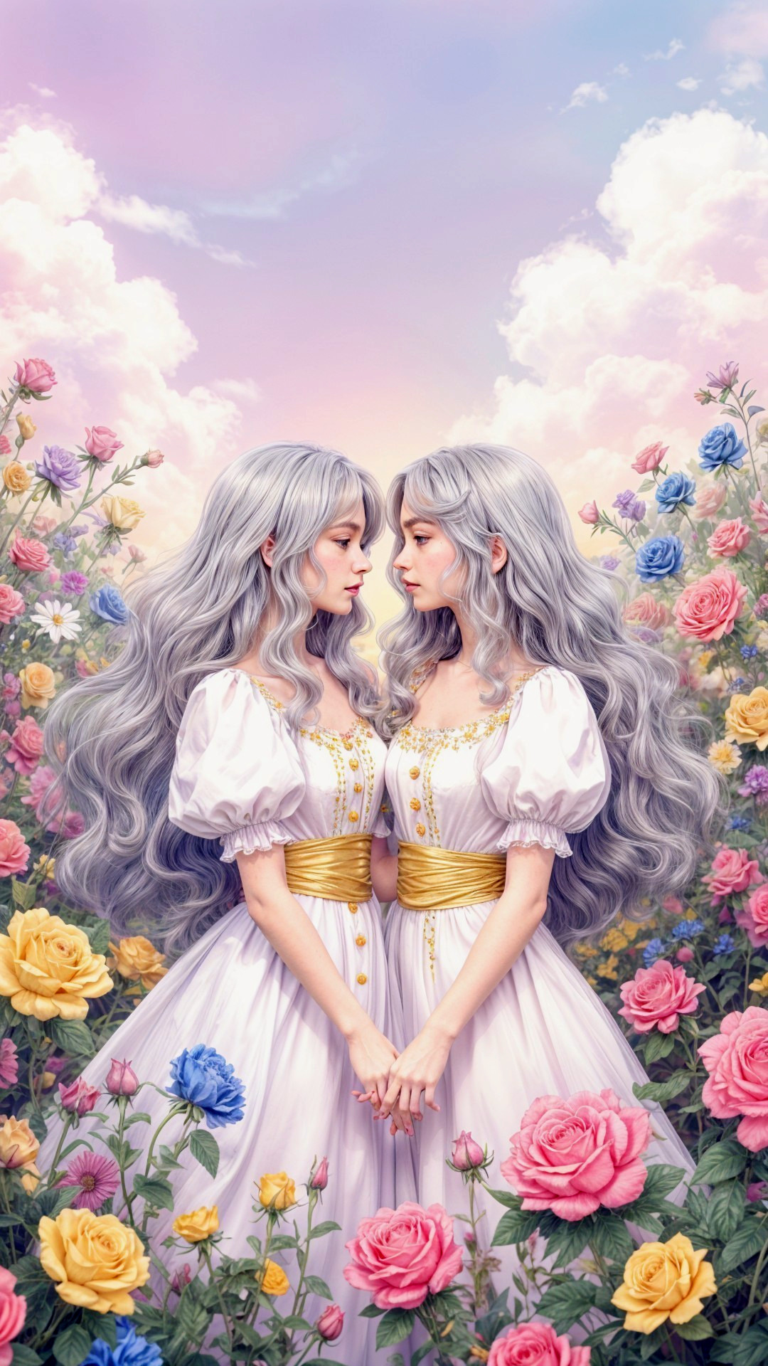 Ethereal Twin Figures in Elegant Gowns in a Garden