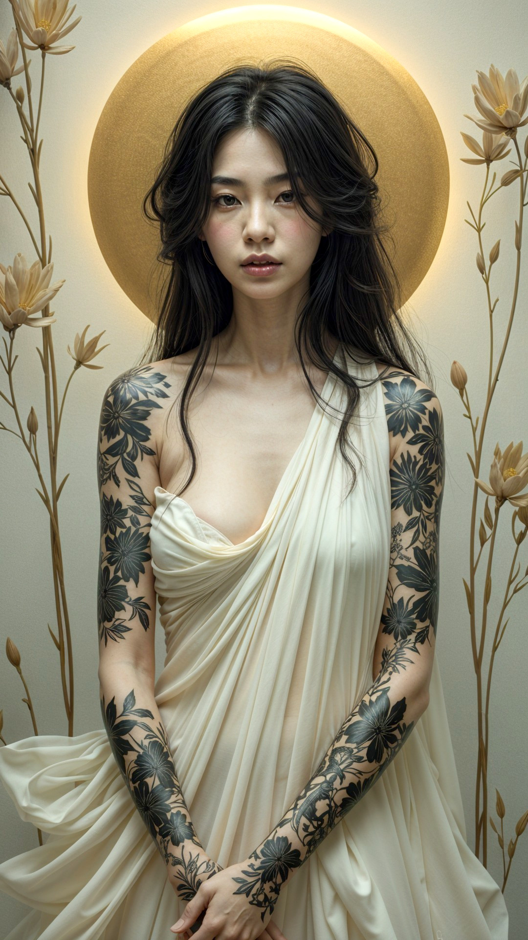 Serene Figure in Cream Drape with Floral Tattoos