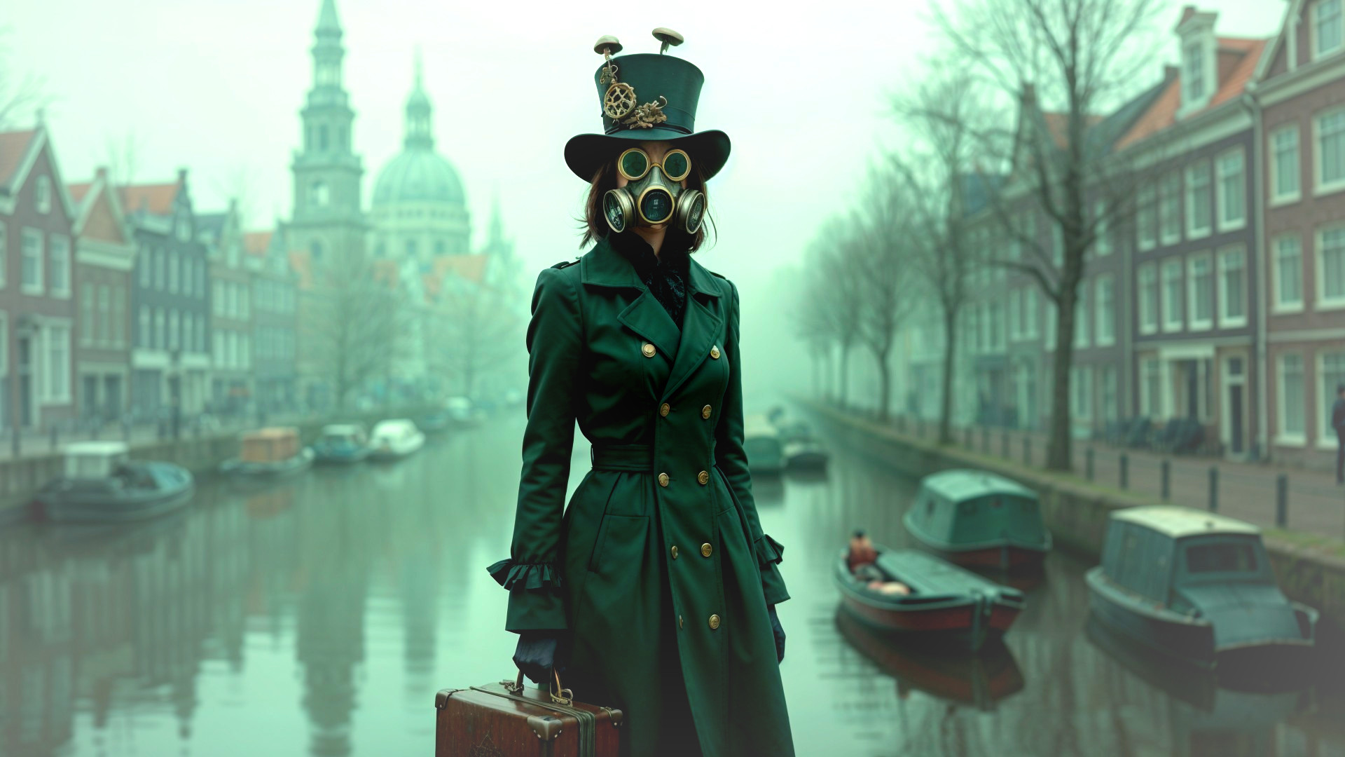 Steampunk Figure in Foggy Canal Setting with Suitcase