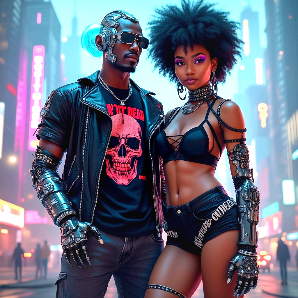 Stylish Couple in a Vibrant Cyberpunk Setting