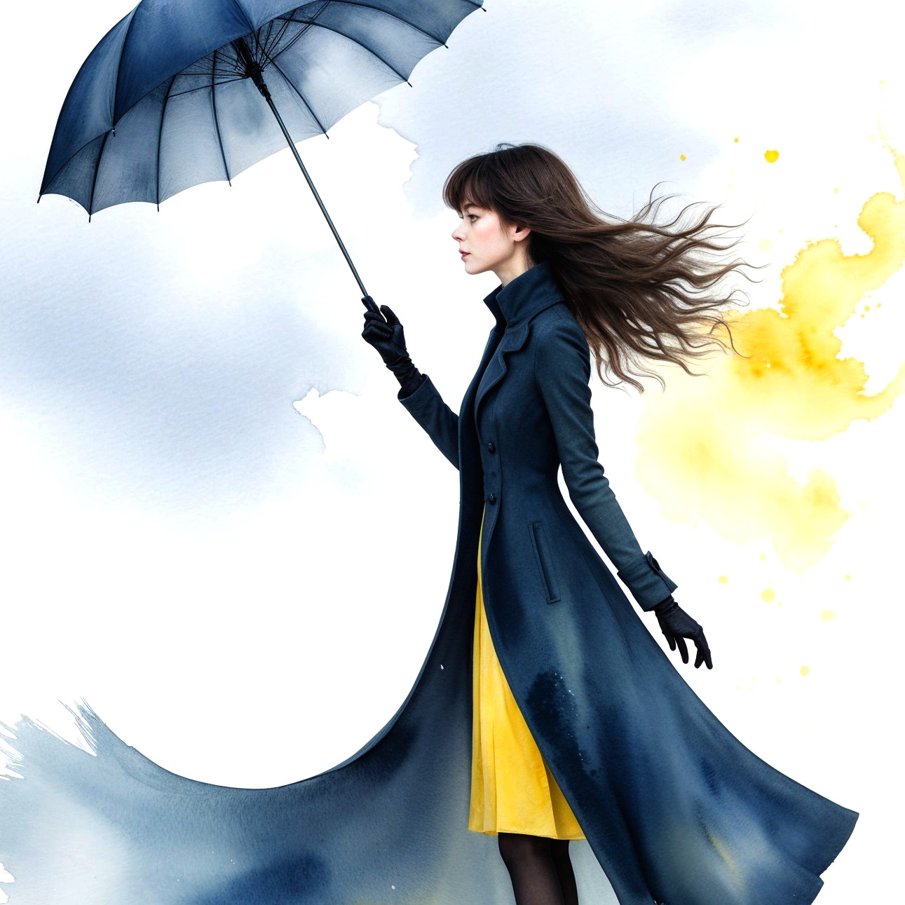 Woman with Umbrella in Stylish Outfit and Watercolor Background