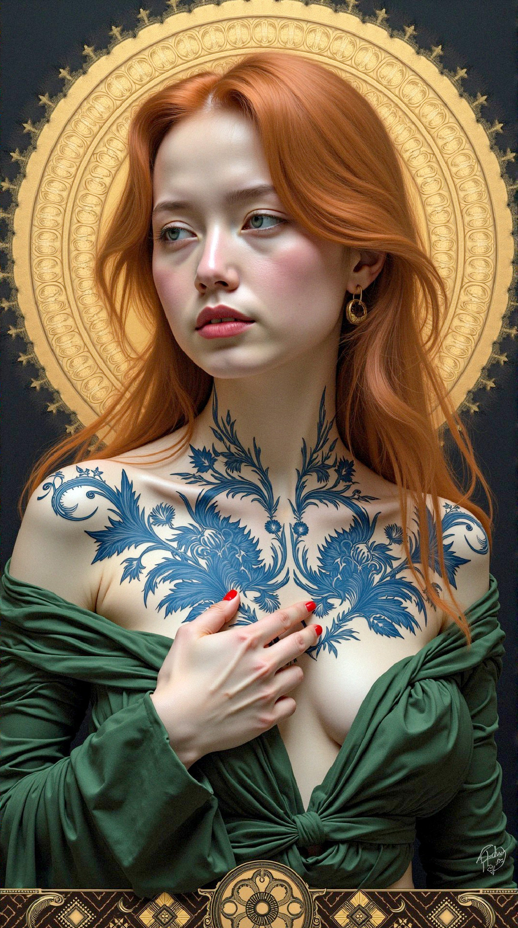 Portrait of a Woman with Red Hair and Blue Tattoos