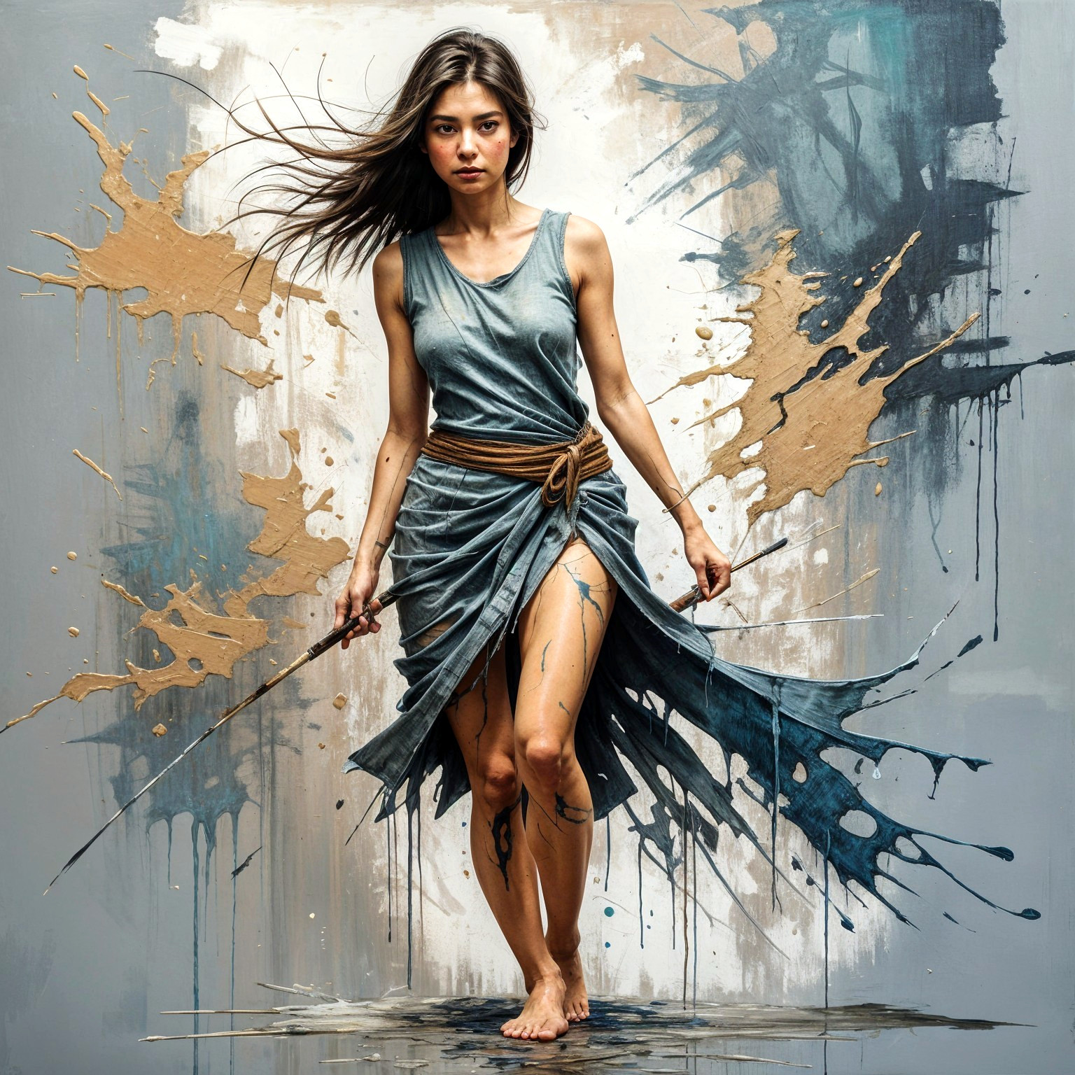 Dynamic Woman in Blue Dress with Abstract Background