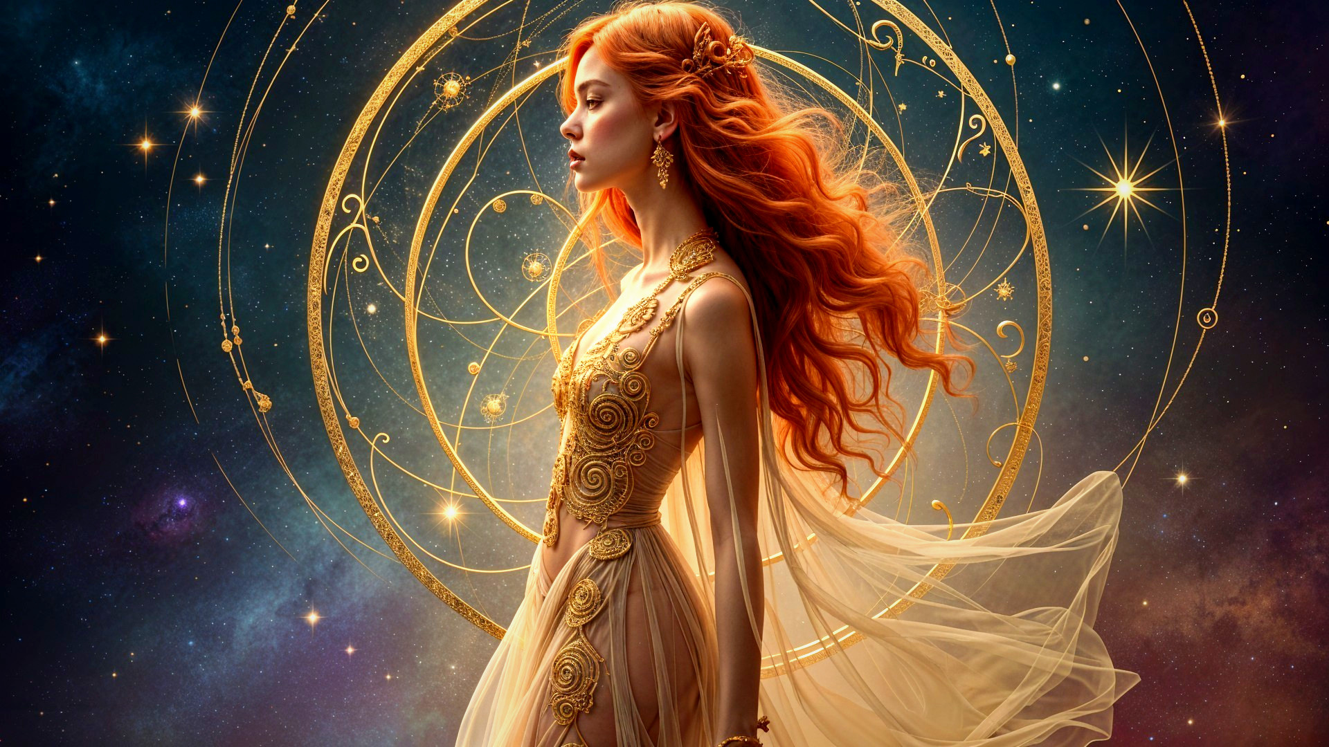 Woman in golden gown against cosmic starry backdrop