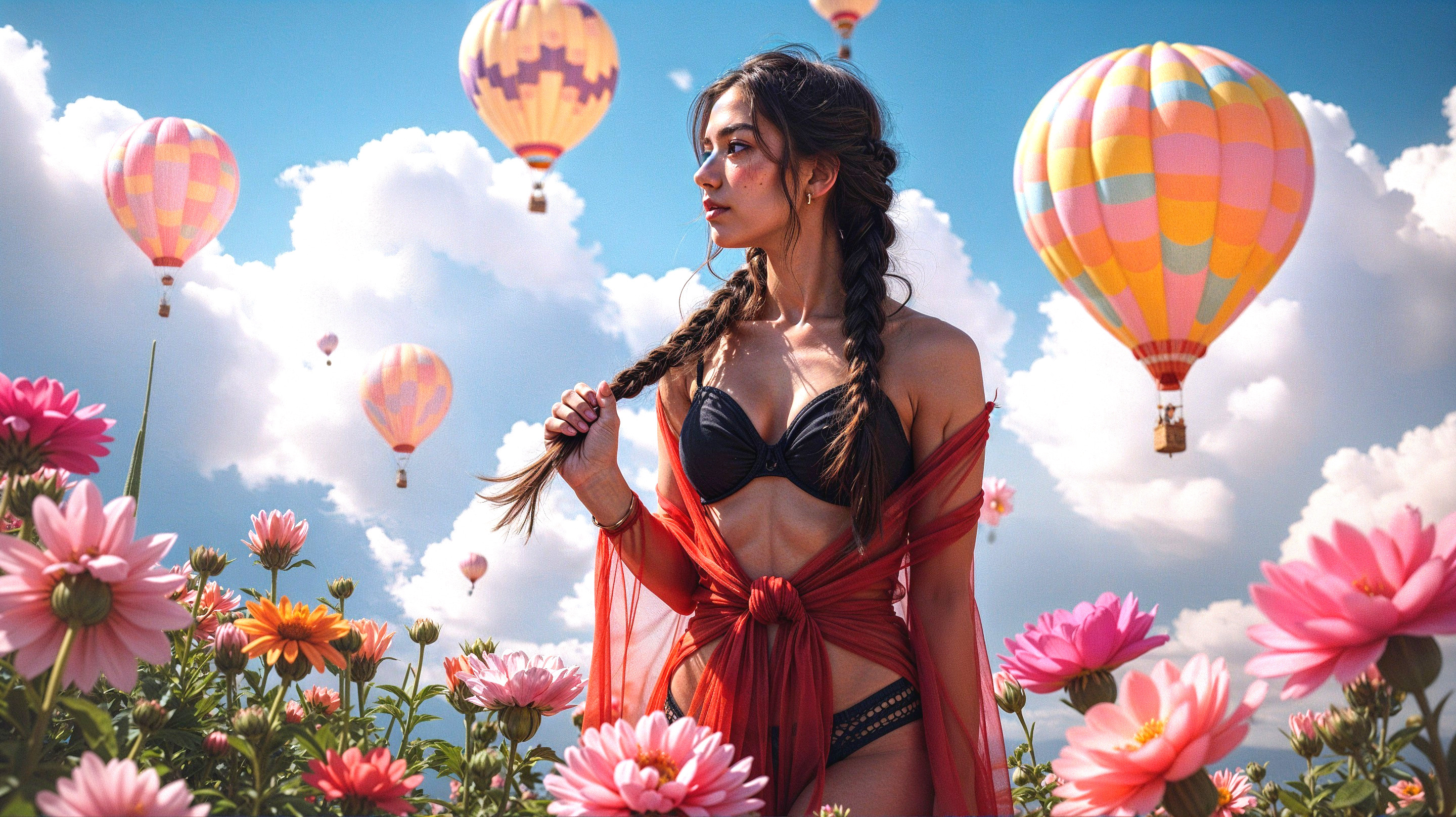 Woman in Flower Field with Hot Air Balloons