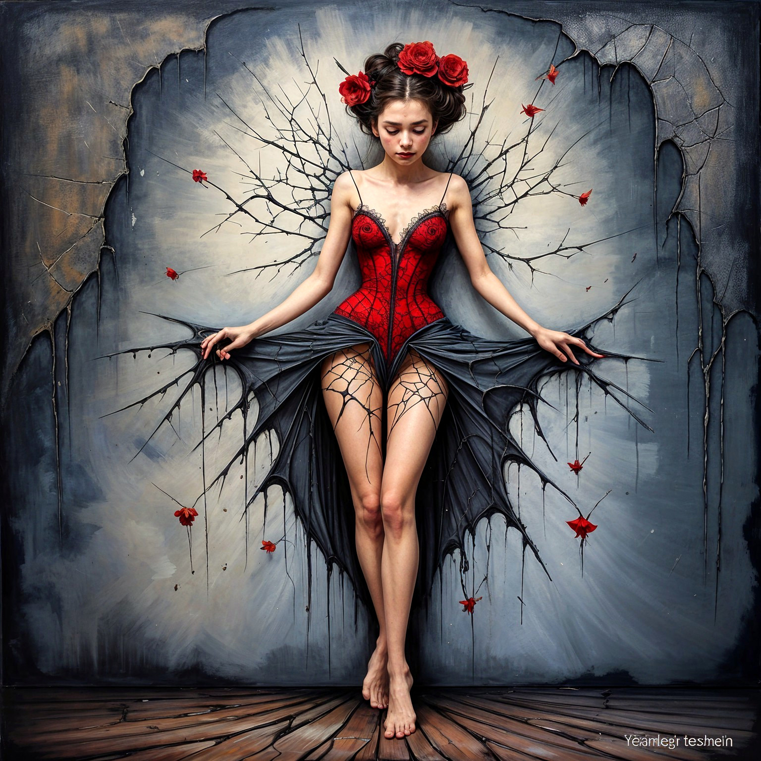 Woman in Red Corset with Dark Wings and Roses