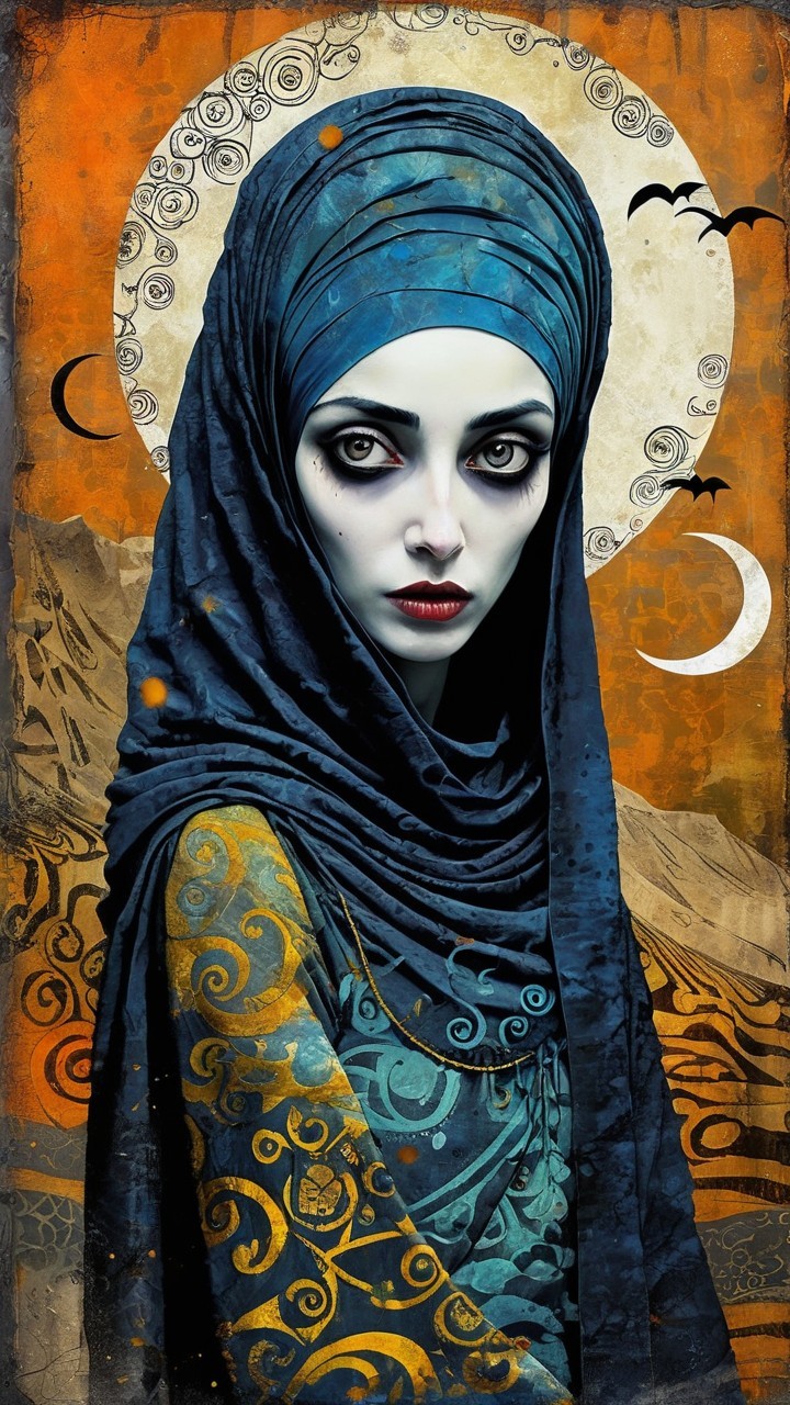 Mystical Woman in Blue with Orange Background Elements