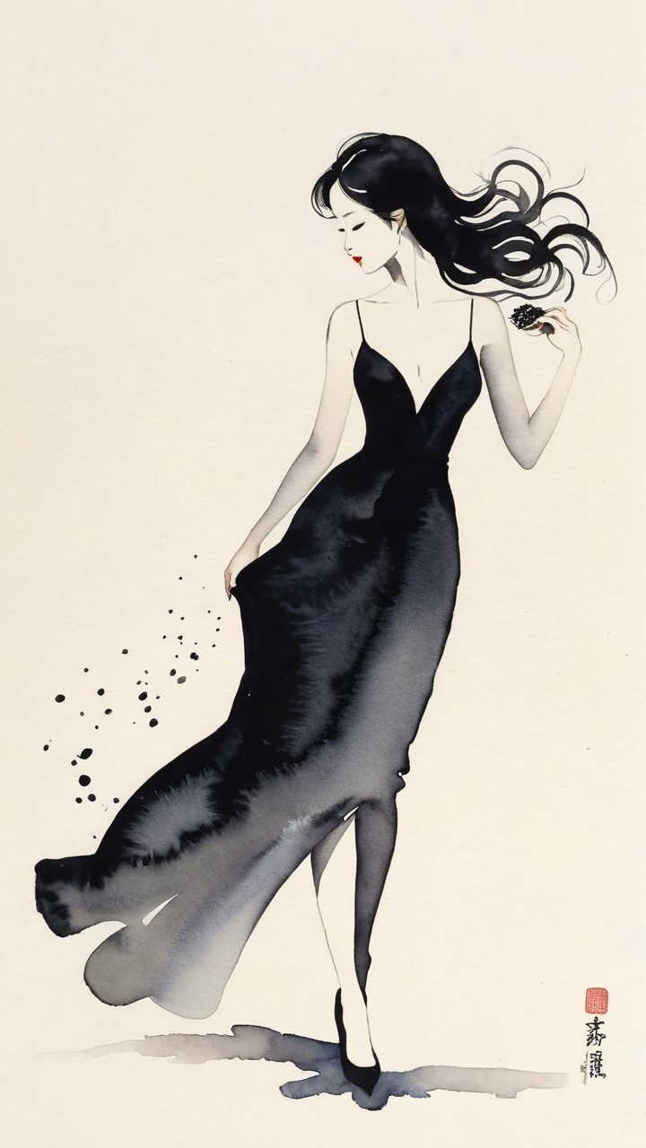 Elegant Woman in Black Dress with Flower and Ink