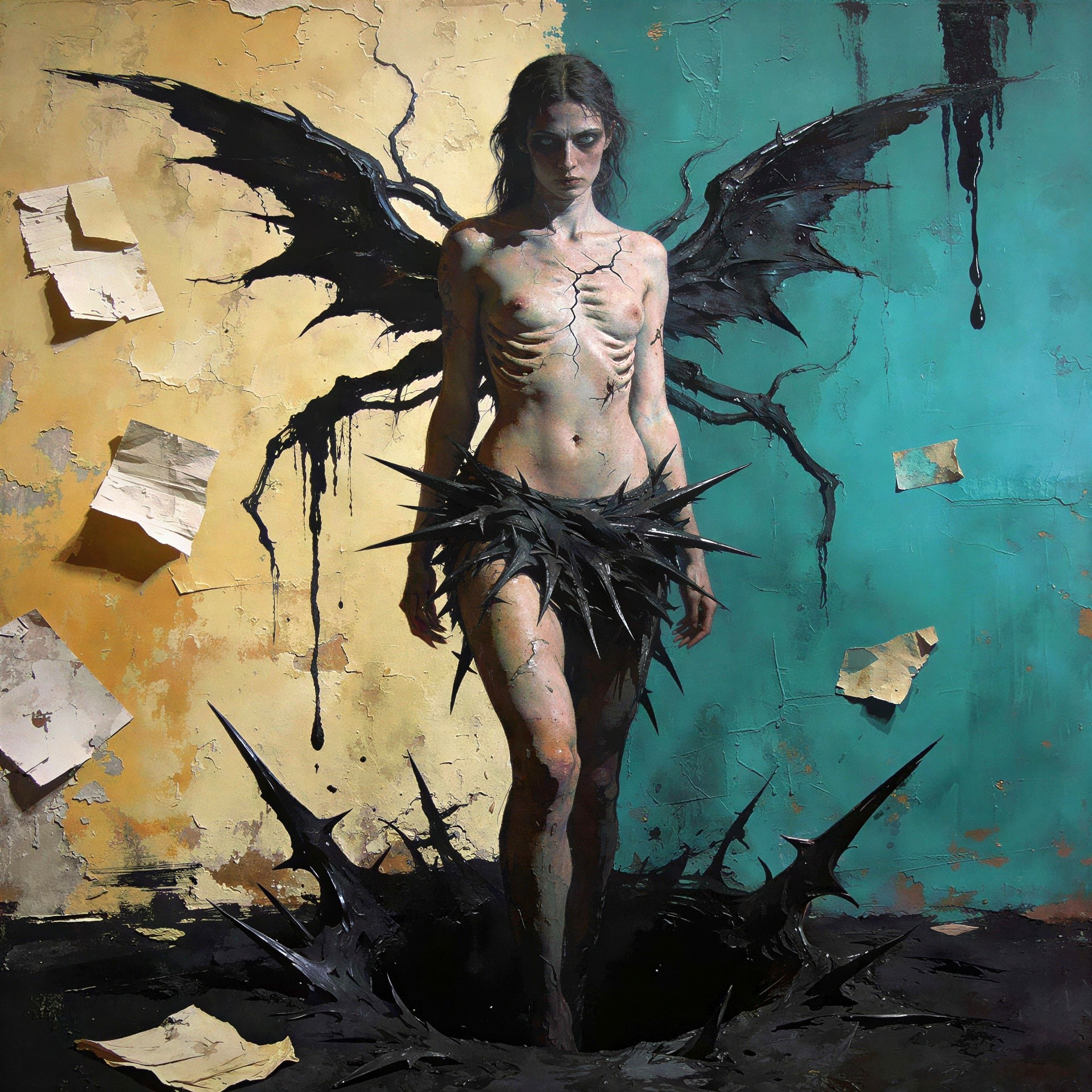 Dark Fantasy Oil Painting of Emaciated Woman with Wings
