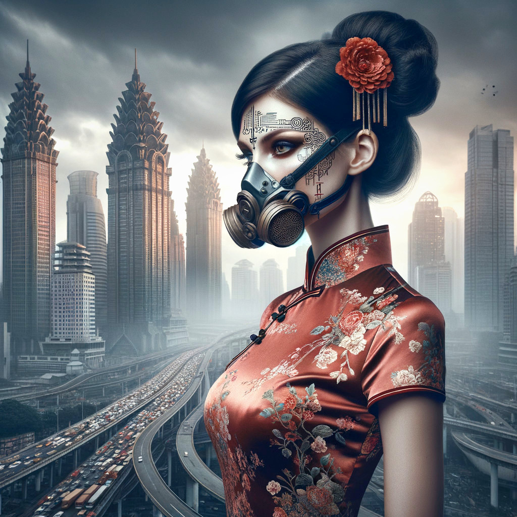 Futuristic Urban Scene with Woman in Cheongsam and Gas Mask