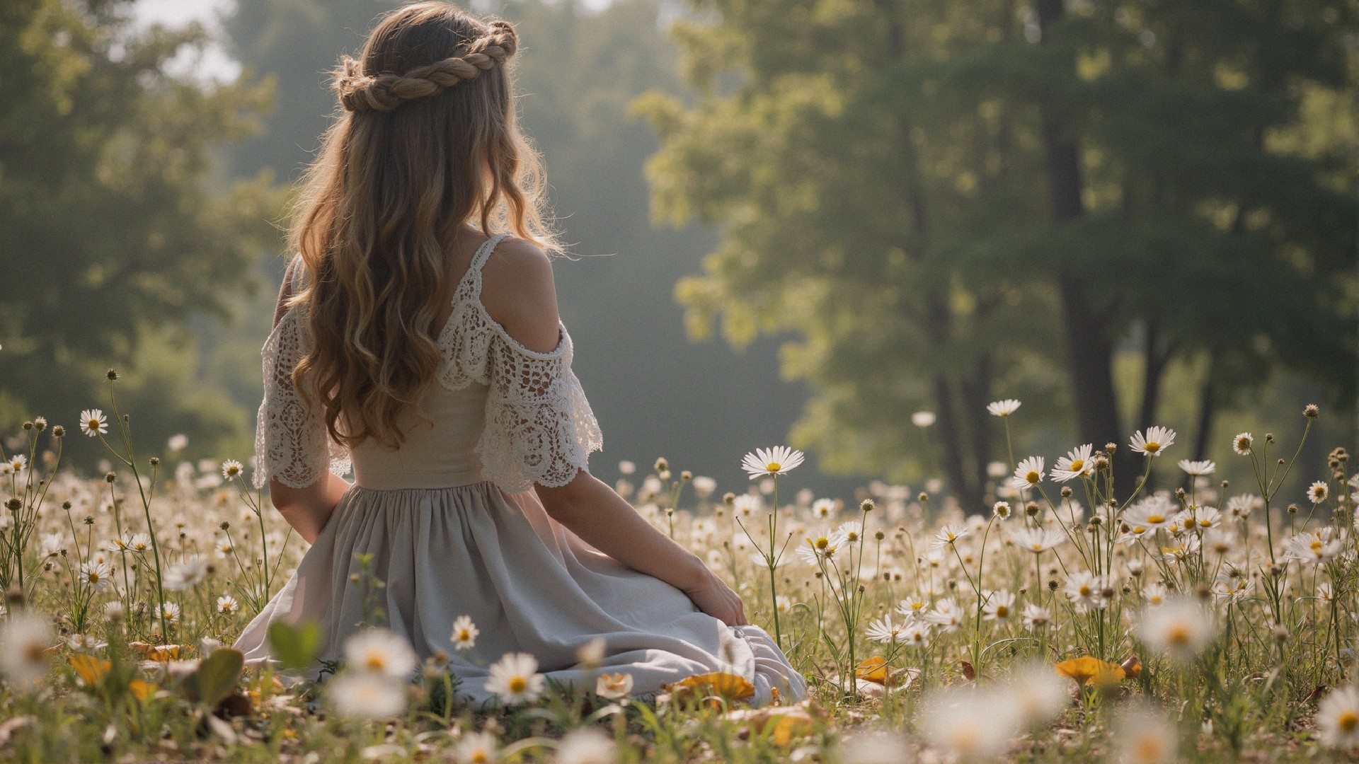 Young woman in sunlit meadow with wildflowers