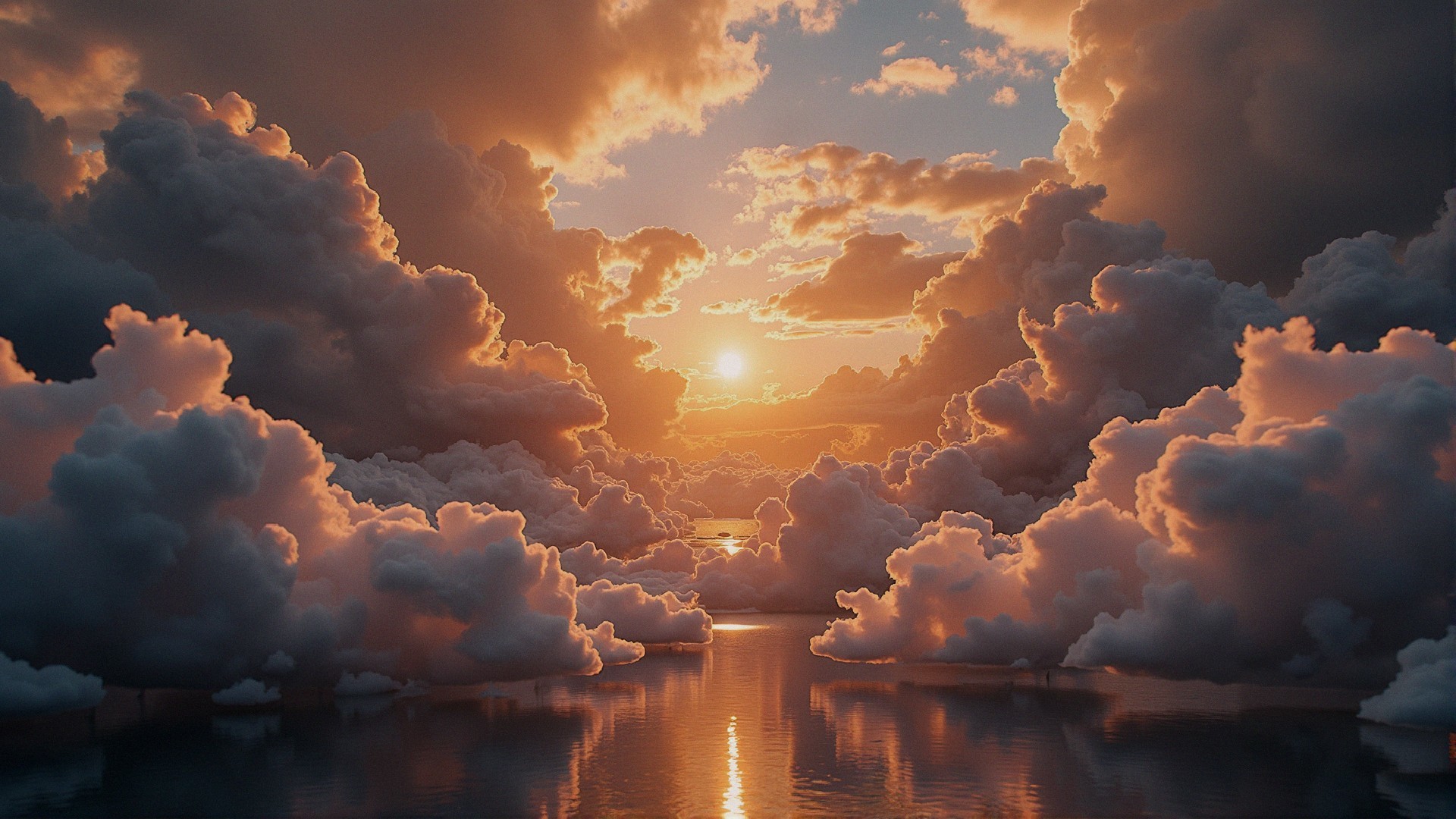 Breathtaking Sunset Over Tranquil Water and Clouds