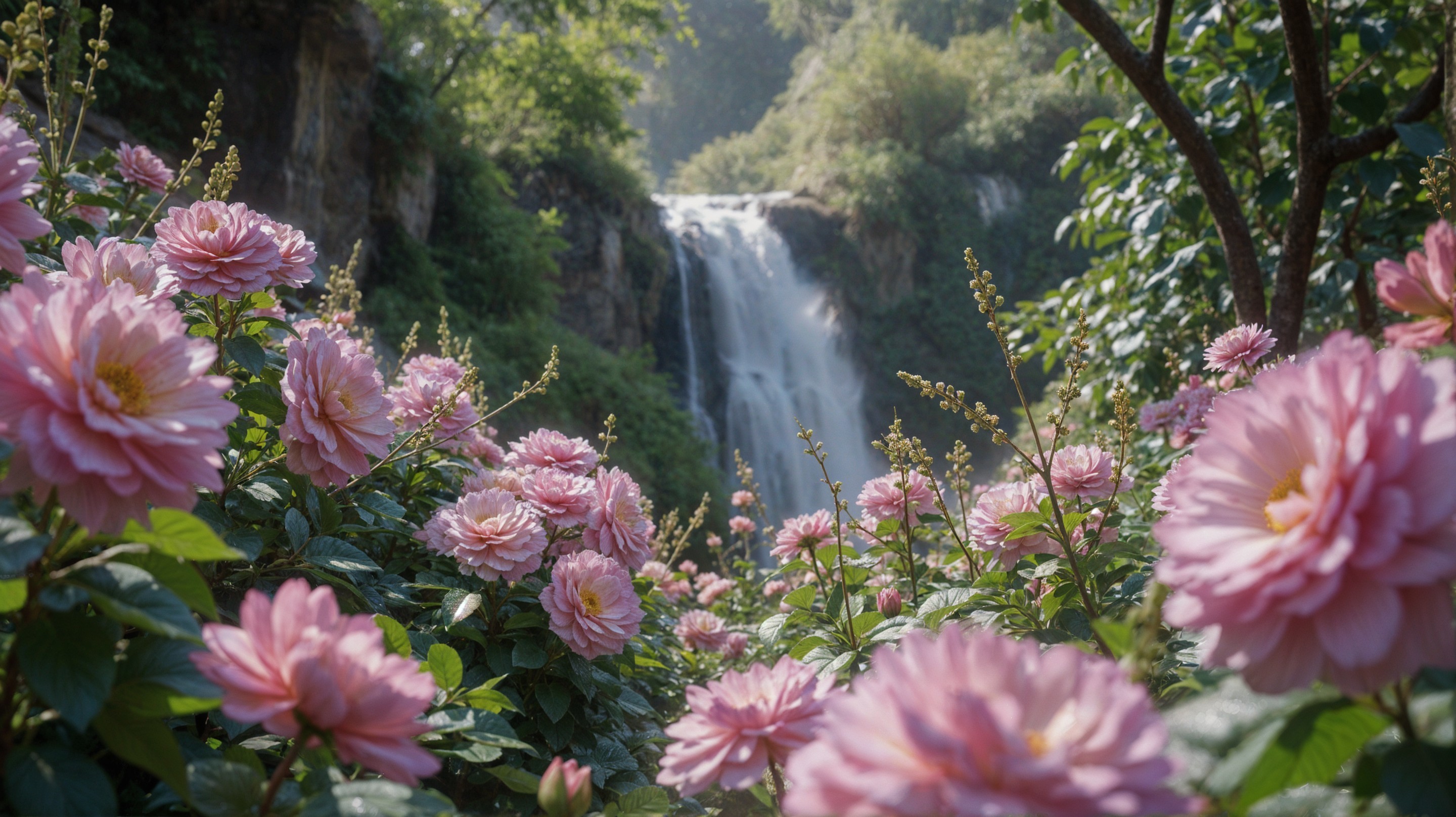 Serene Landscape with Waterfall and Vibrant Flowers