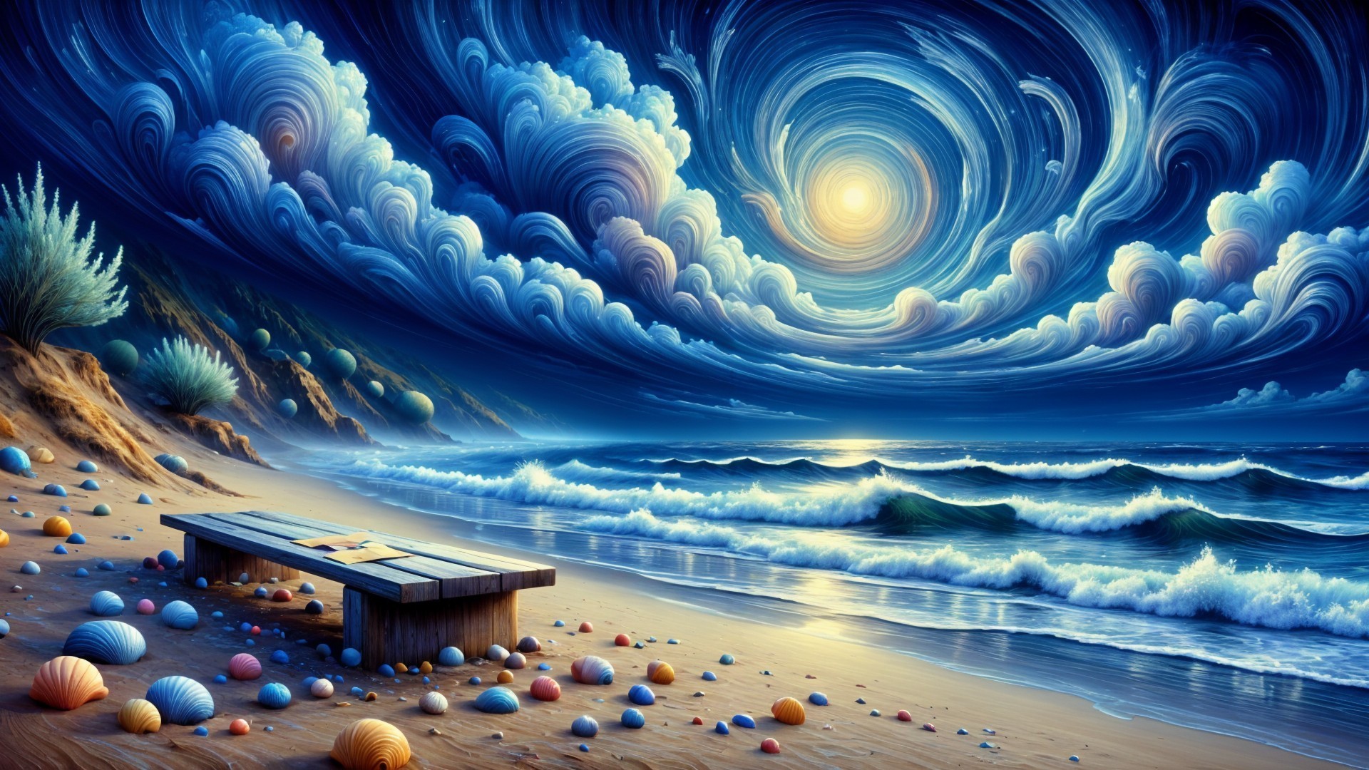 Twilight Beach Scene with Golden Sand and Seashells