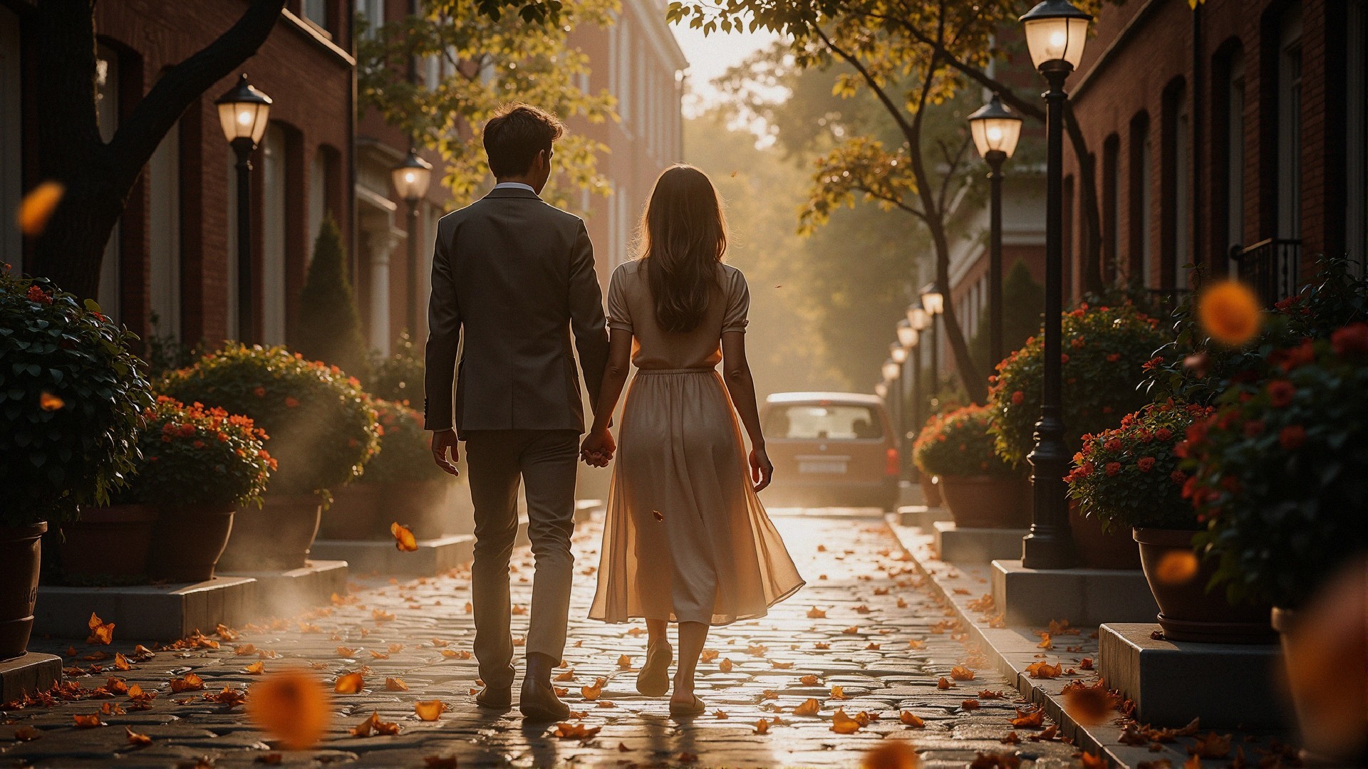 Couple Walking on Cobblestone Street in Autumn Light