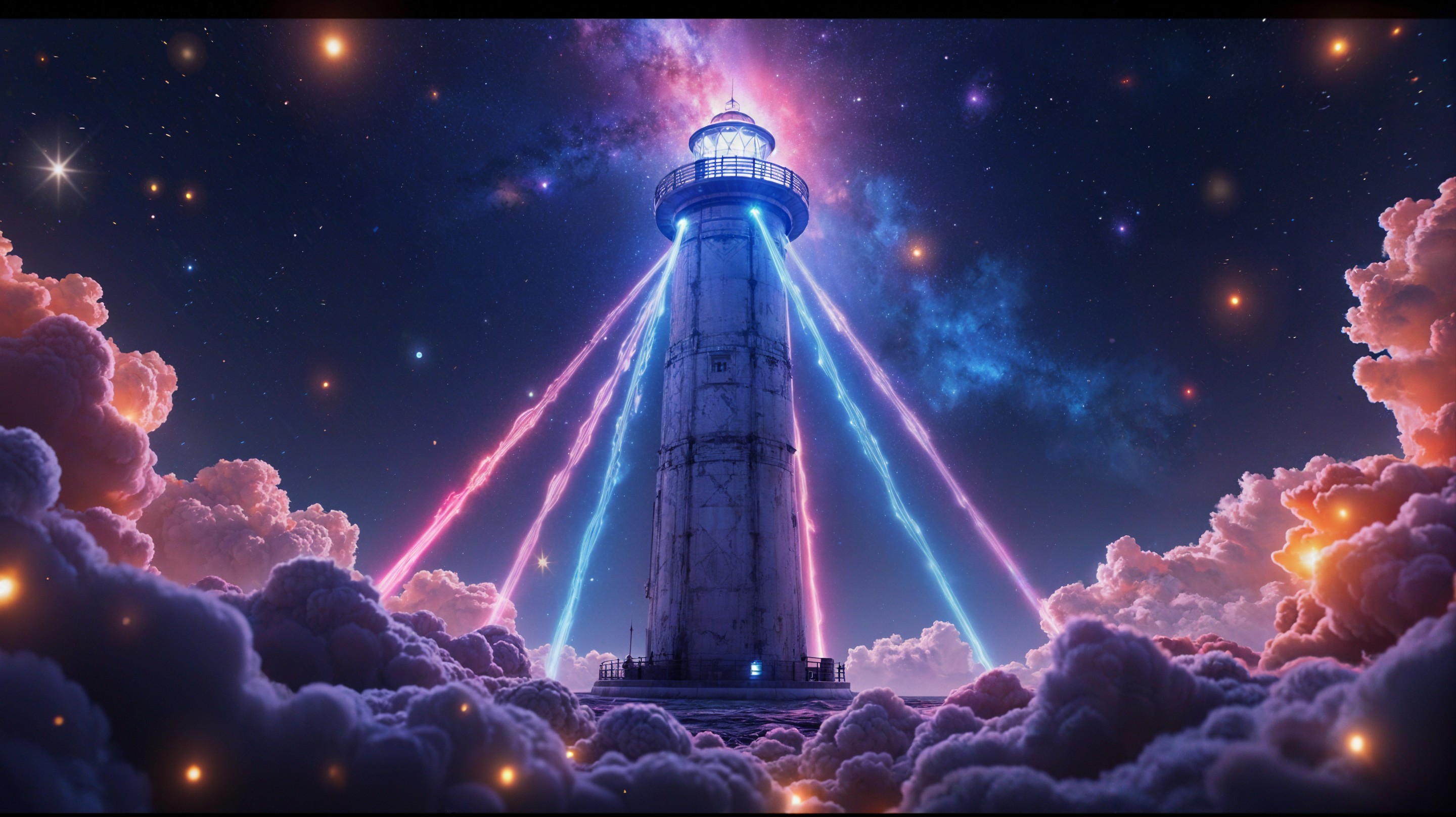 Futuristic lighthouse with cosmic backdrop and light beams