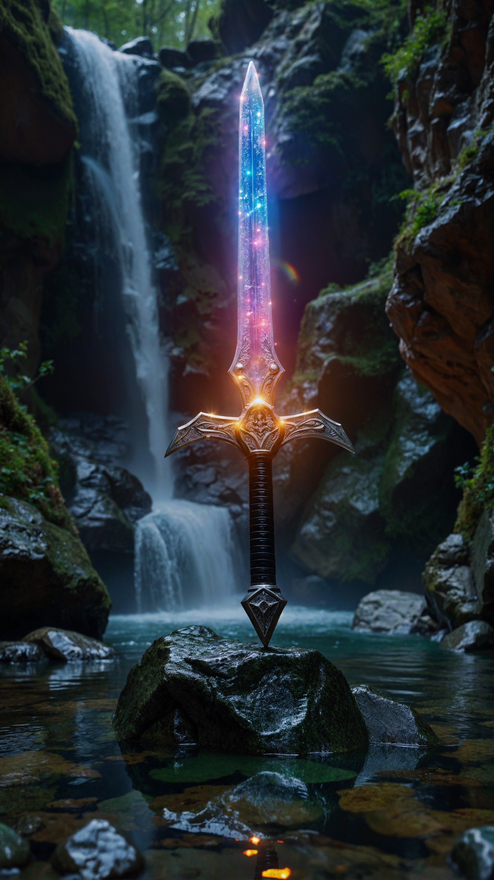 Majestic Sword on Rock in Serene River Setting
