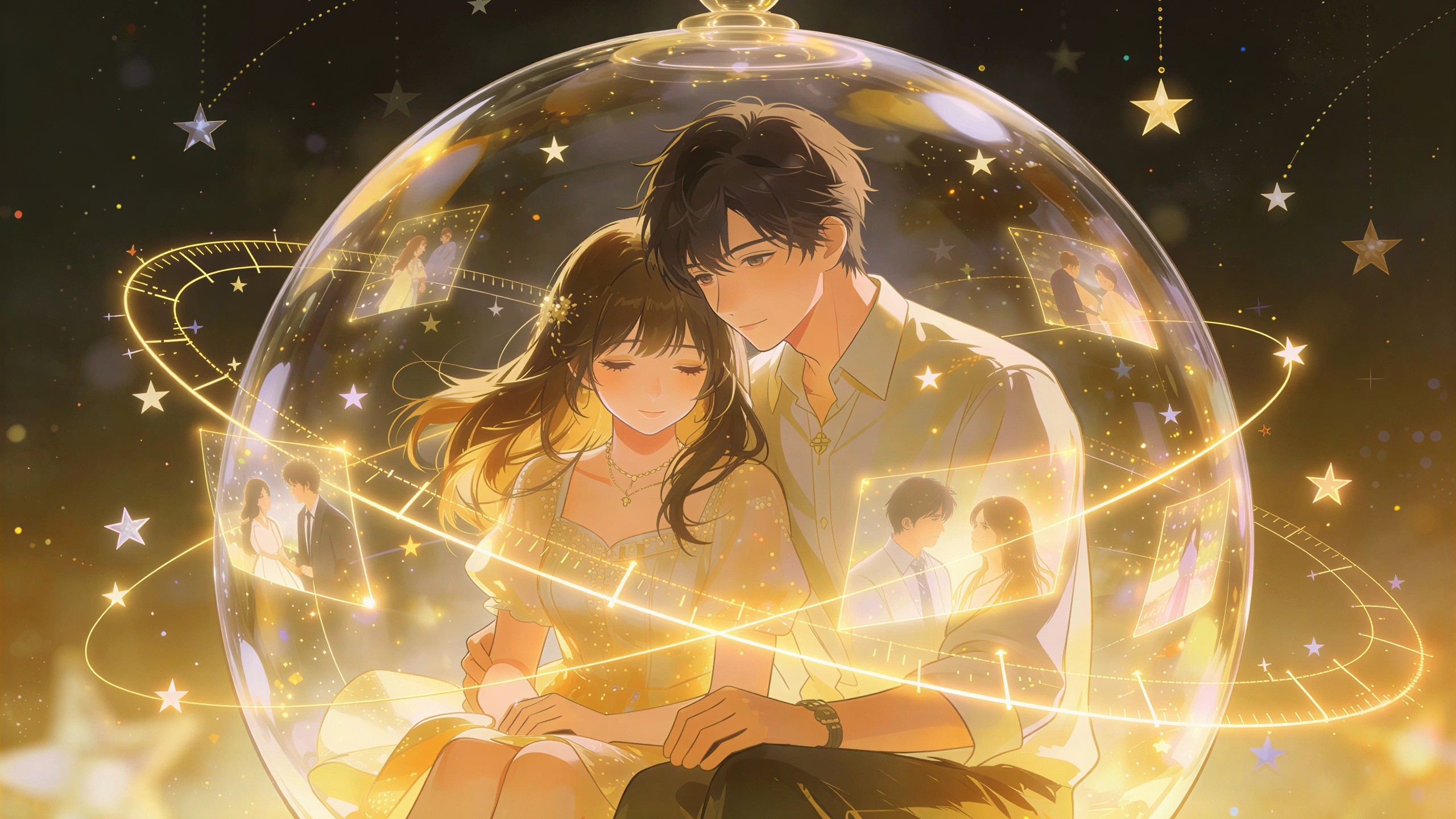 Romantic Anime Characters in Glass Ornament Scene