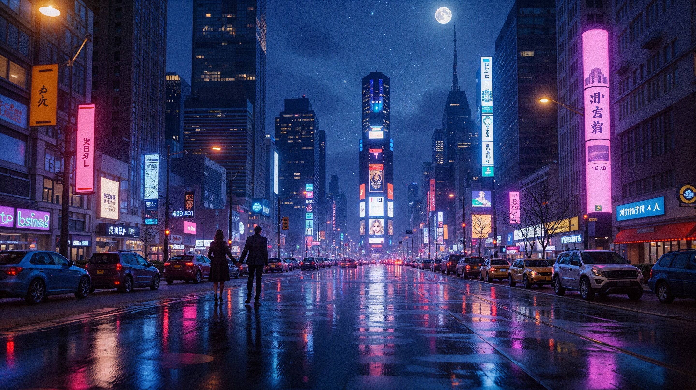 Vibrant Nighttime City Street with Neon Lights