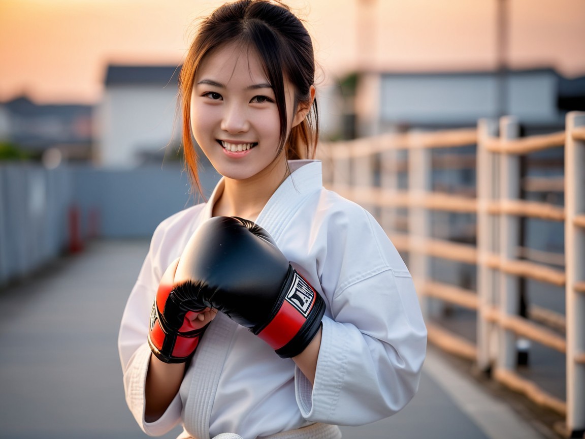 Young Woman in Karate Gi with Boxing Gloves at Sunset