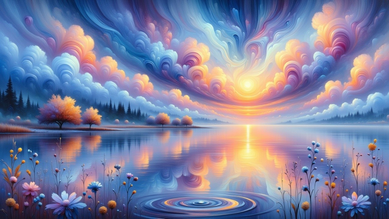 Dawn Landscape with Vibrant Clouds and Serene Lake