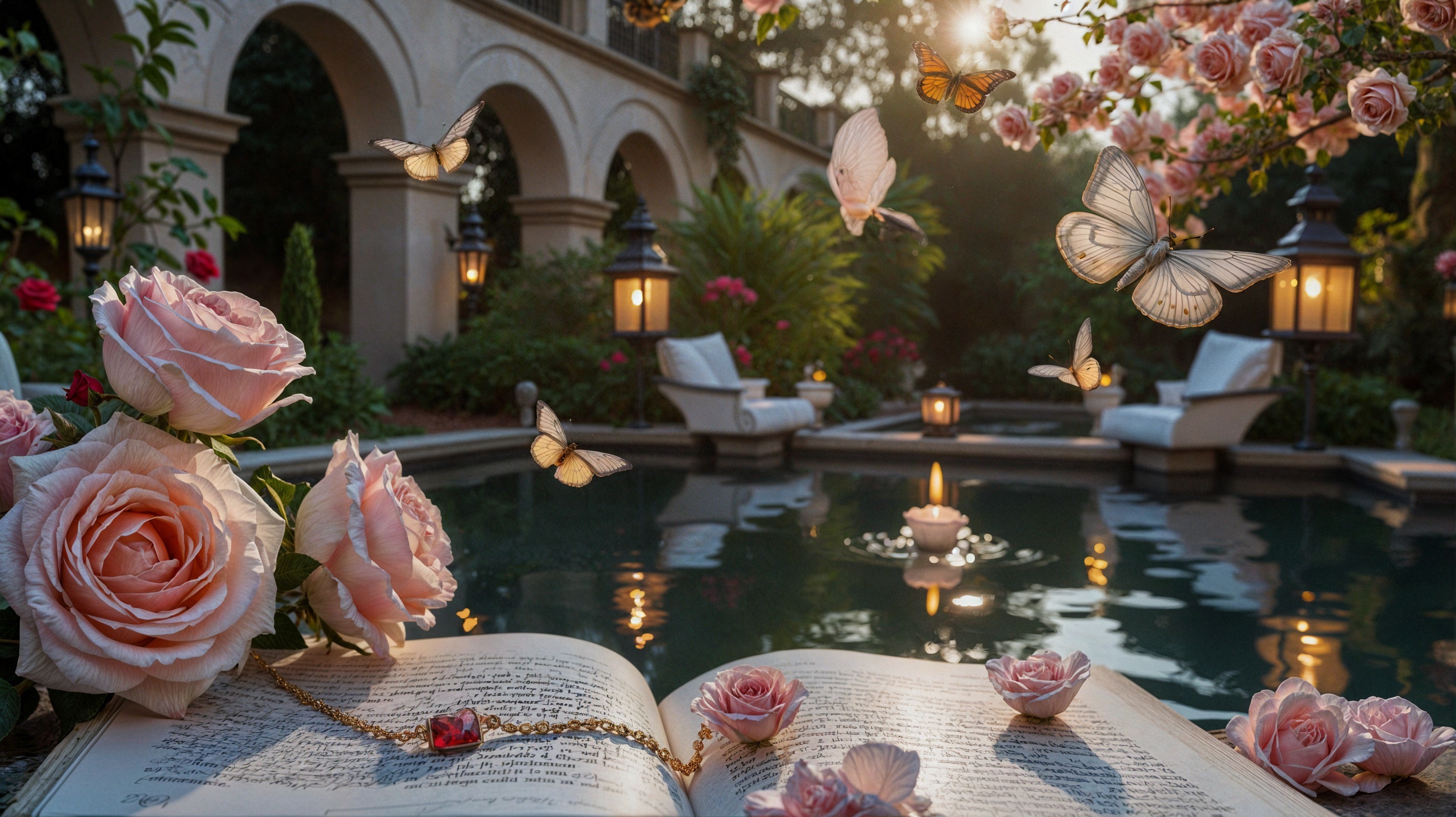 Serene Garden Scene with Book, Roses, and Butterflies