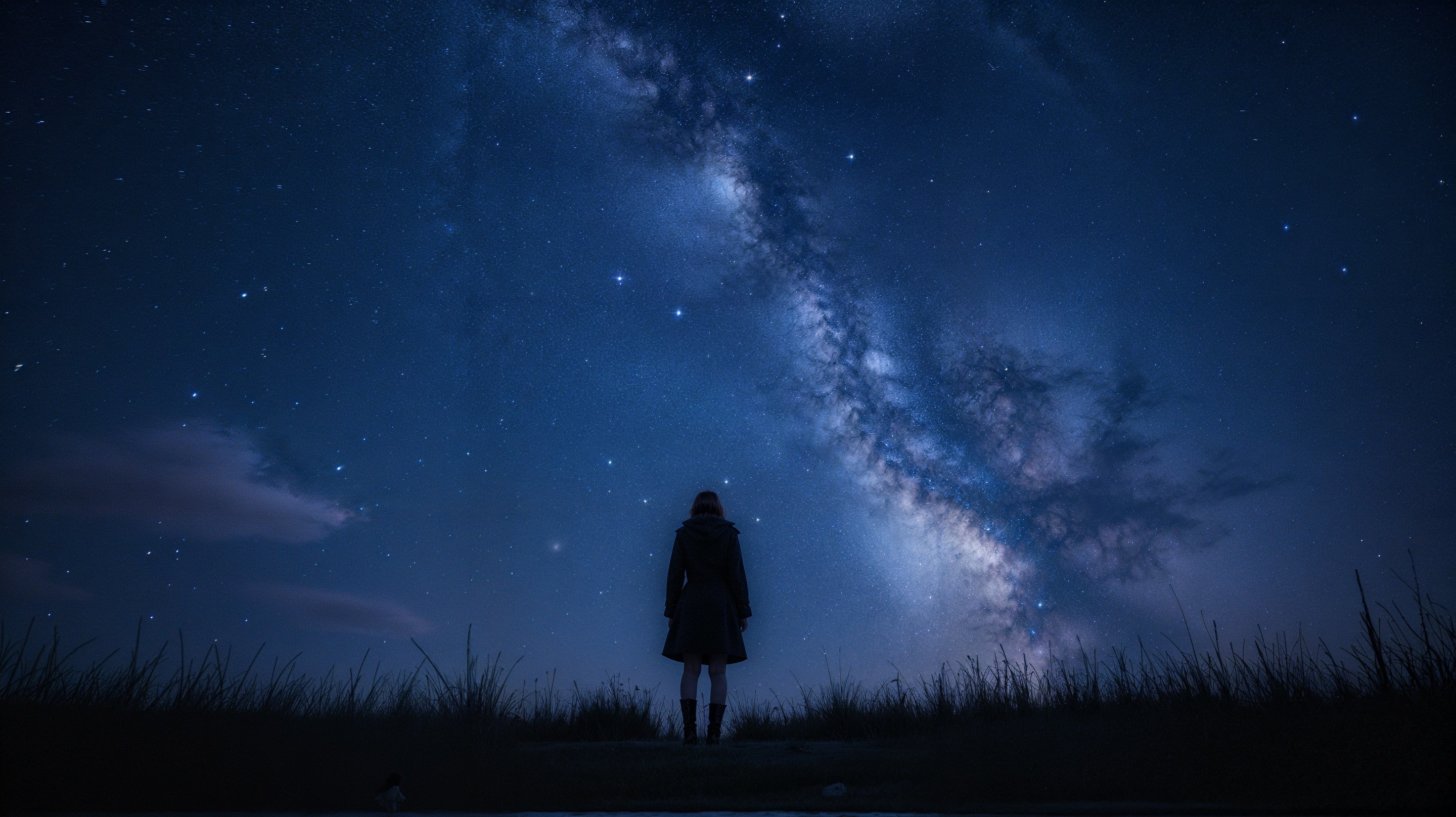 Silhouetted Figure on Hill Under Starry Night Sky