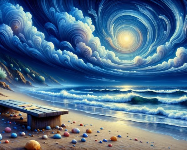 Twilight Beach Scene with Golden Sand and Seashells