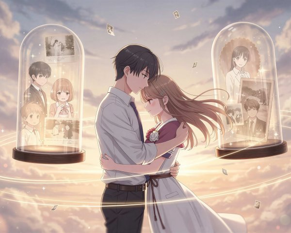 Anime Couple Embracing in Romantic Setting with Domes