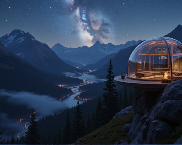 Glass Igloo with Mountain Views and Starry Sky