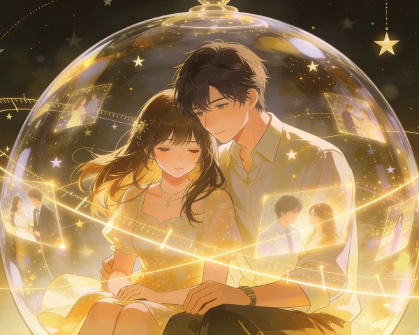 Romantic Anime Characters in Glass Ornament Scene