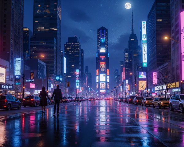 Vibrant Nighttime City Street with Neon Lights