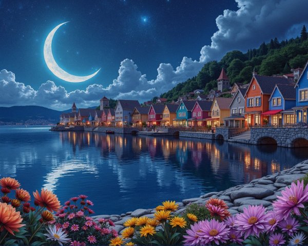 Lakeside Village Under a Crescent Moon at Dusk
