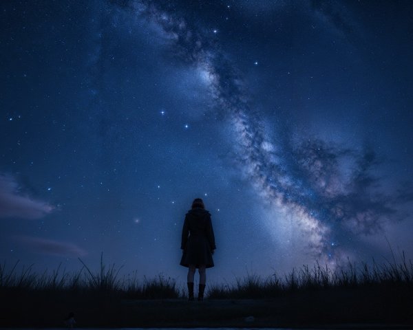 Silhouetted Figure on Hill Under Starry Night Sky
