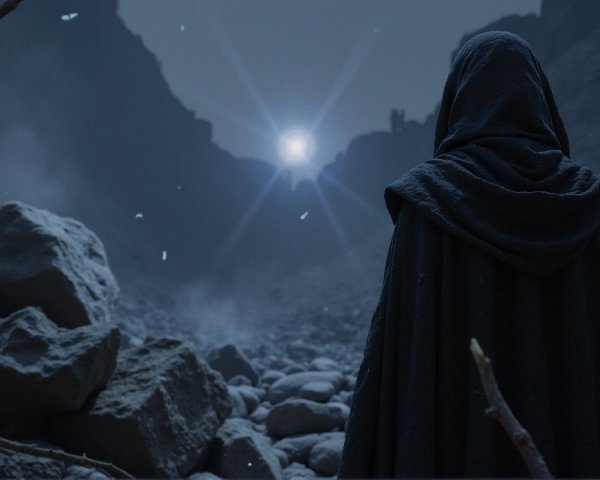 Cloaked Figure in Mystical Rocky Landscape Scene