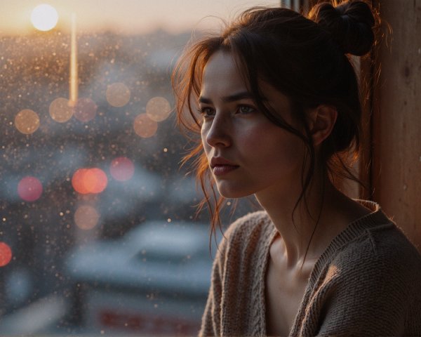 Young woman in cozy sweater by rain-speckled window