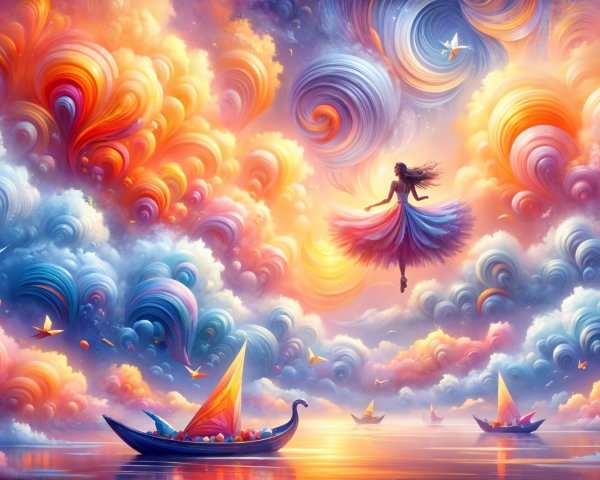 Dreamlike Scene with Colorful Clouds and Boats