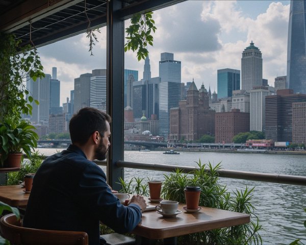 Contemplative Figure at Table with Urban Skyline View