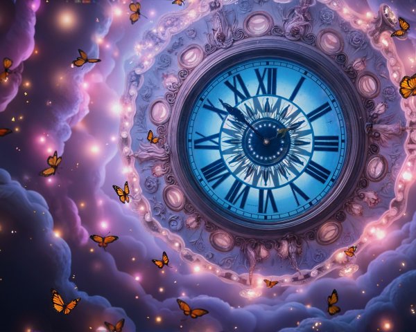 Intricate Clock Design with Dreamlike Cloud Backdrop