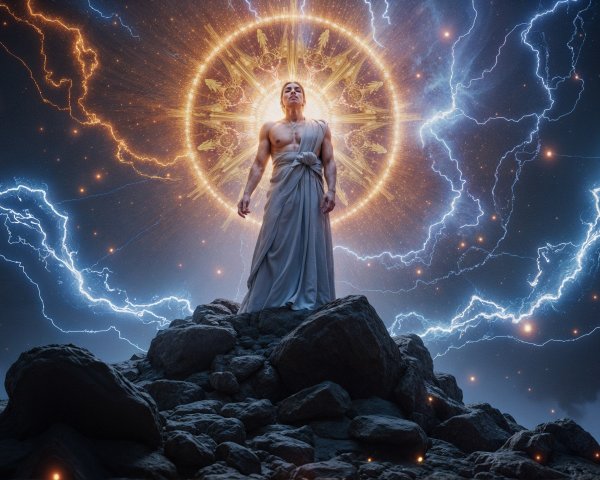 Divine Figure on Rocky Terrain with Lightning and Sunburst