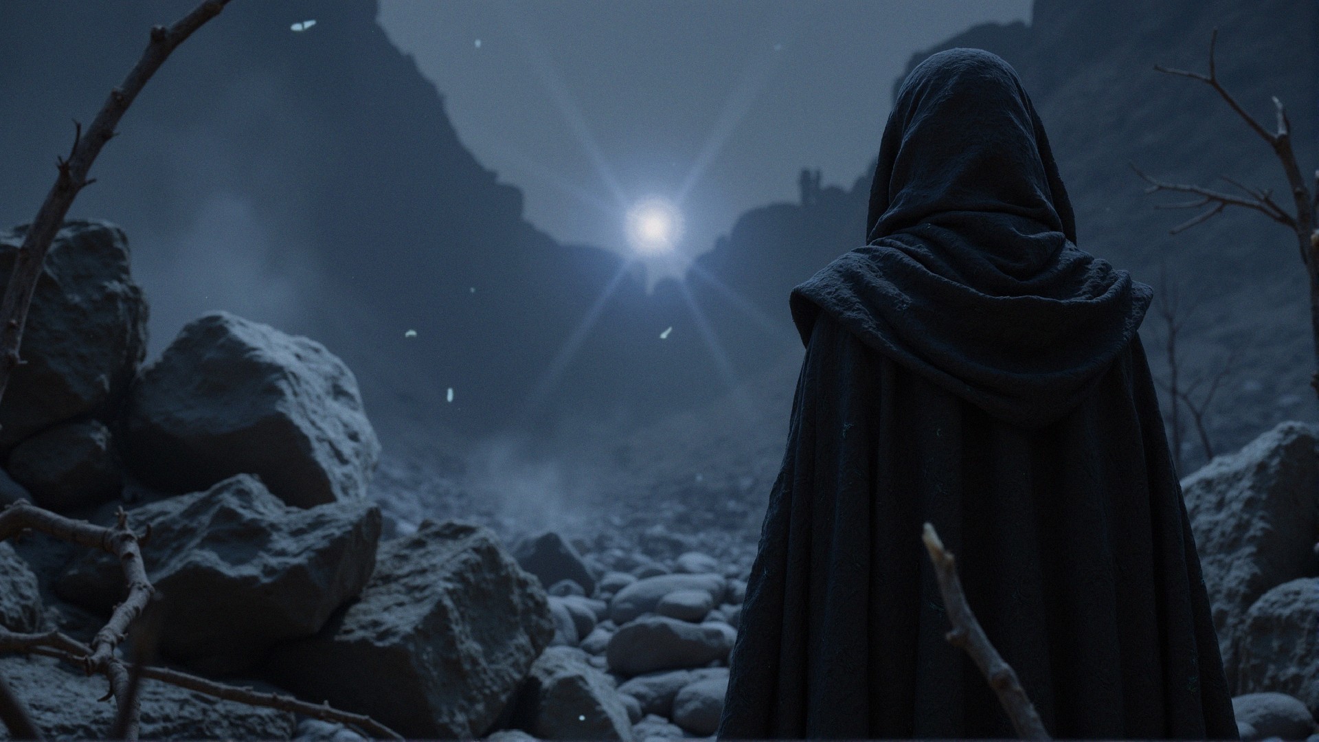 Cloaked Figure in Mystical Rocky Landscape Scene