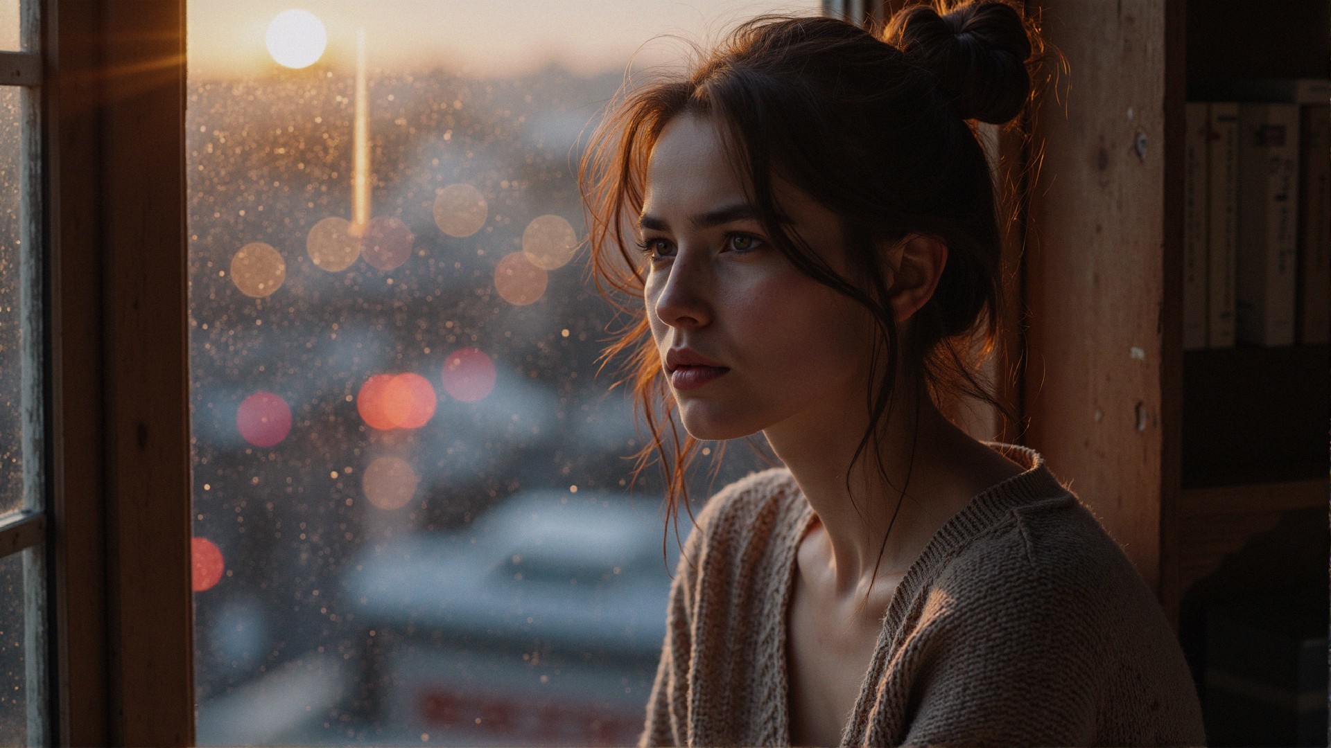 Young woman in cozy sweater by rain-speckled window