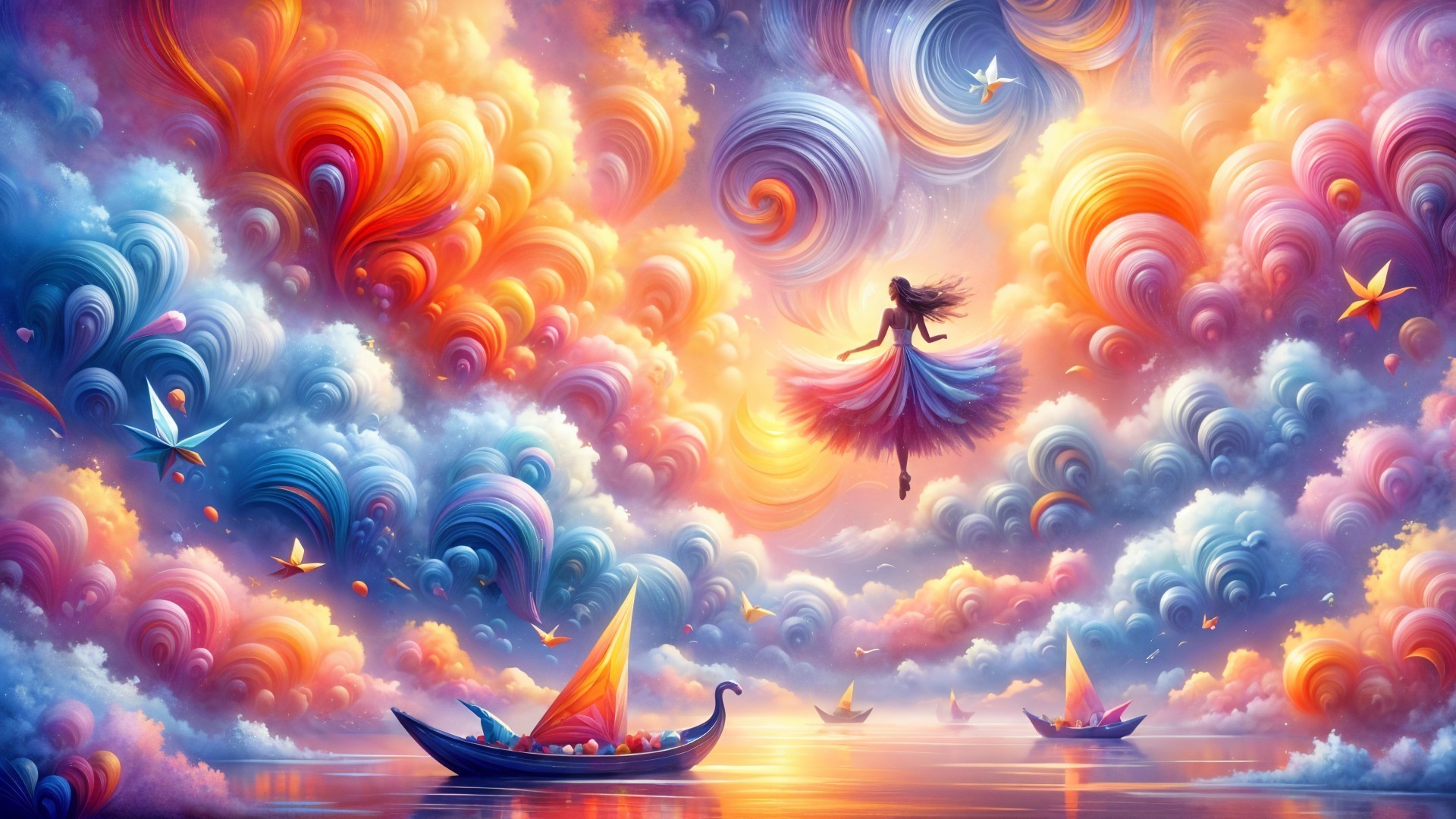 Dreamlike Scene with Colorful Clouds and Boats