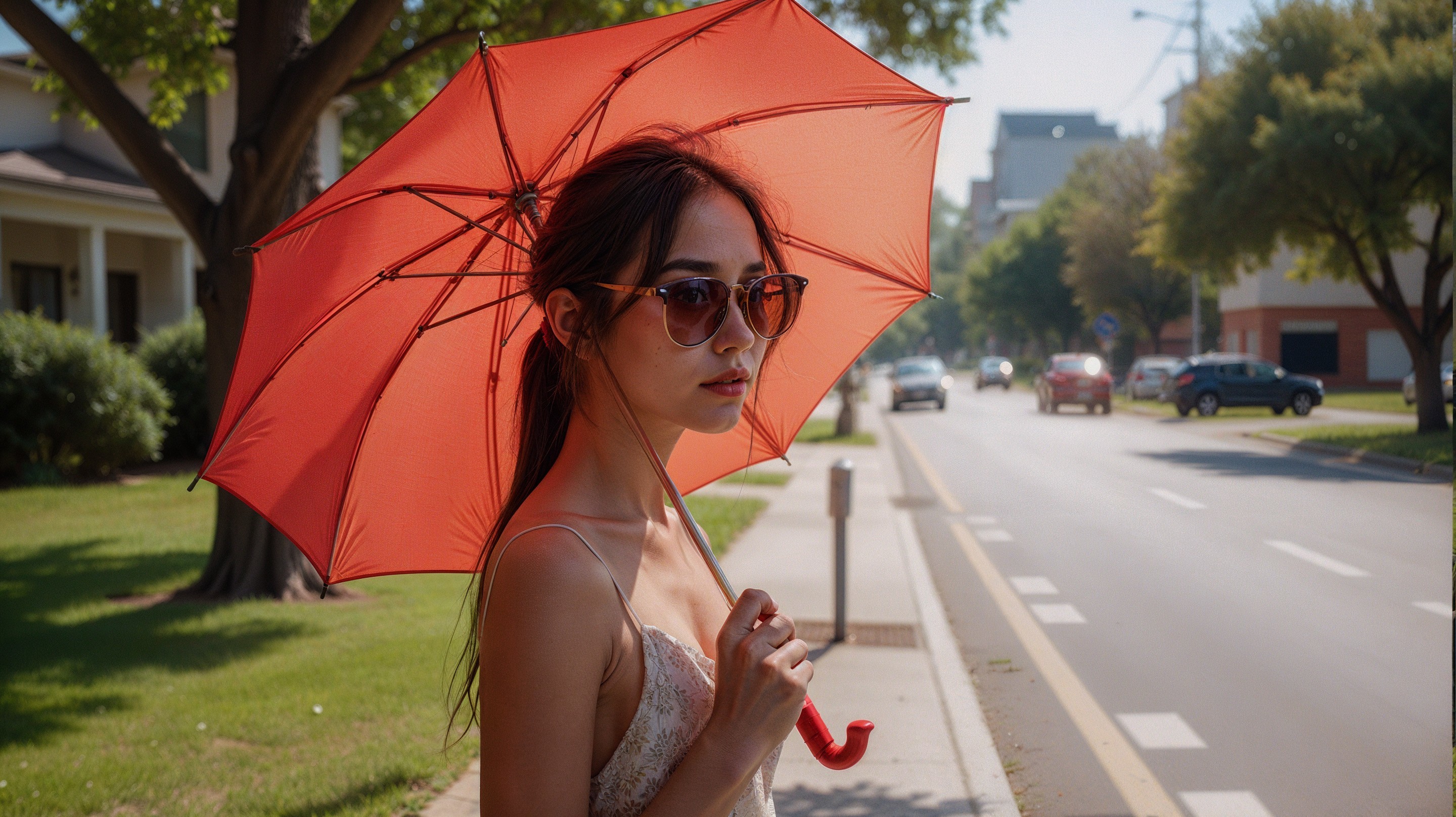 Young Woman with Red Umbrella on Sunlit Street